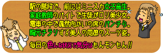 駅の階段で、前にはミニスカ女子高生。家庭教師のバイトで生徒がロリ美少女。電車の中で偶然向かいの席のパンチら。胸元チラリする美人の同僚のスーツ姿。毎日の色んな状況で気分はもんモンもん！オナニーの気持ちよさも倍増です。